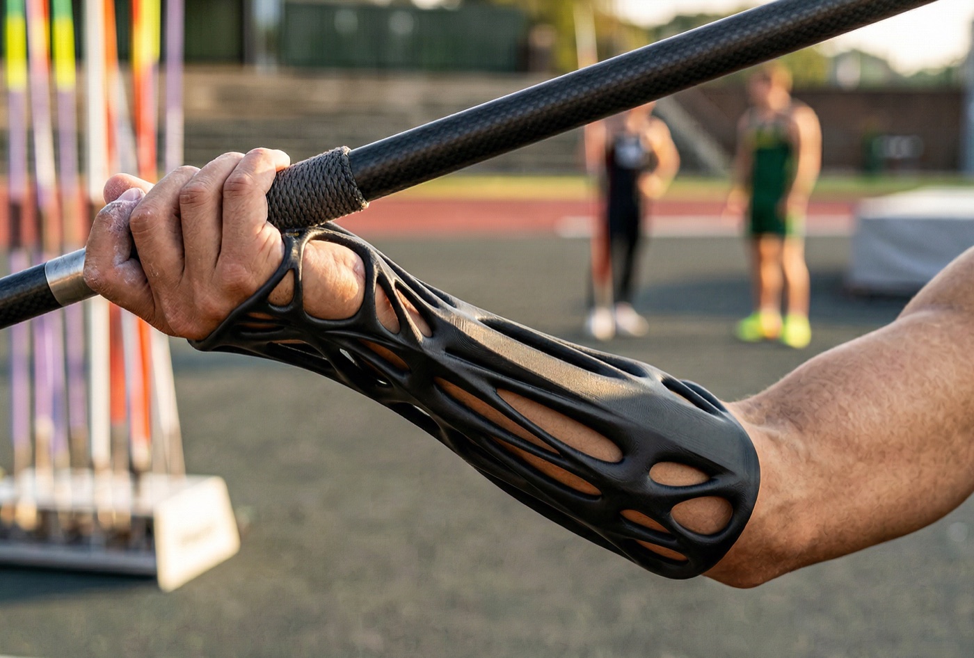 3D-printed lattice forearm support gripping a javelin