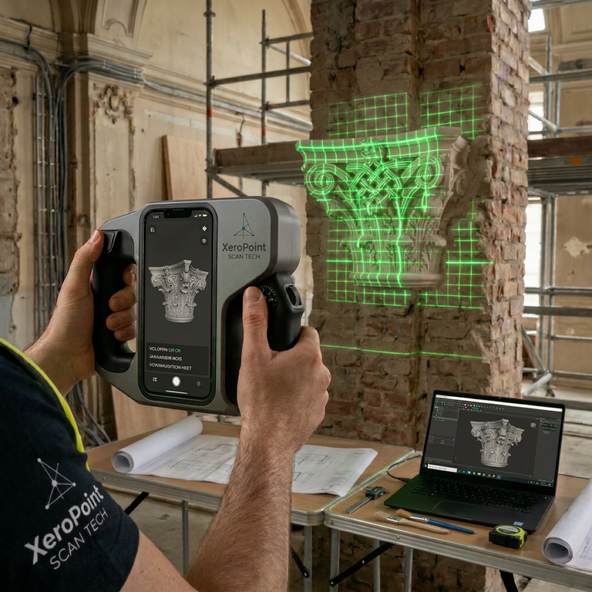 Handheld XEROPOINT scanner capturing a 3D model on site