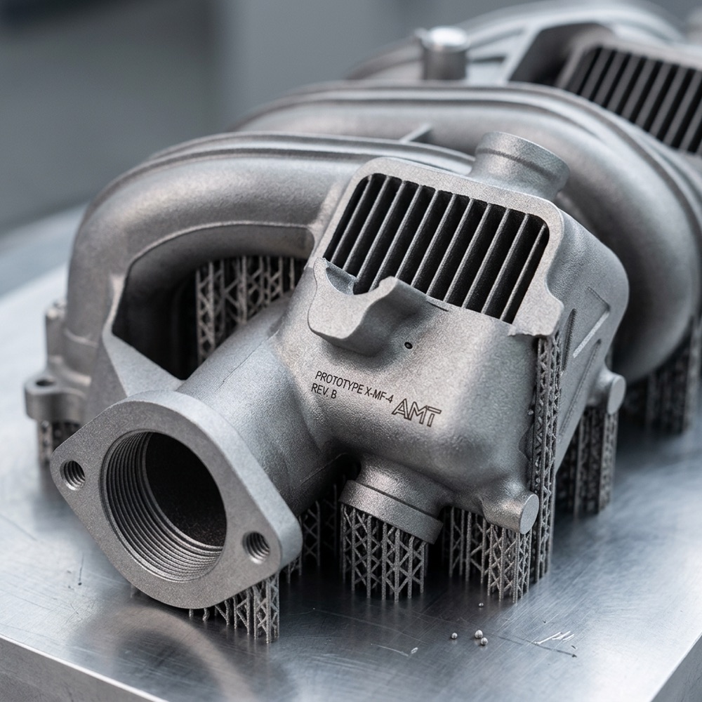 Close-up of a 3D-printed metal manifold with lattice supports