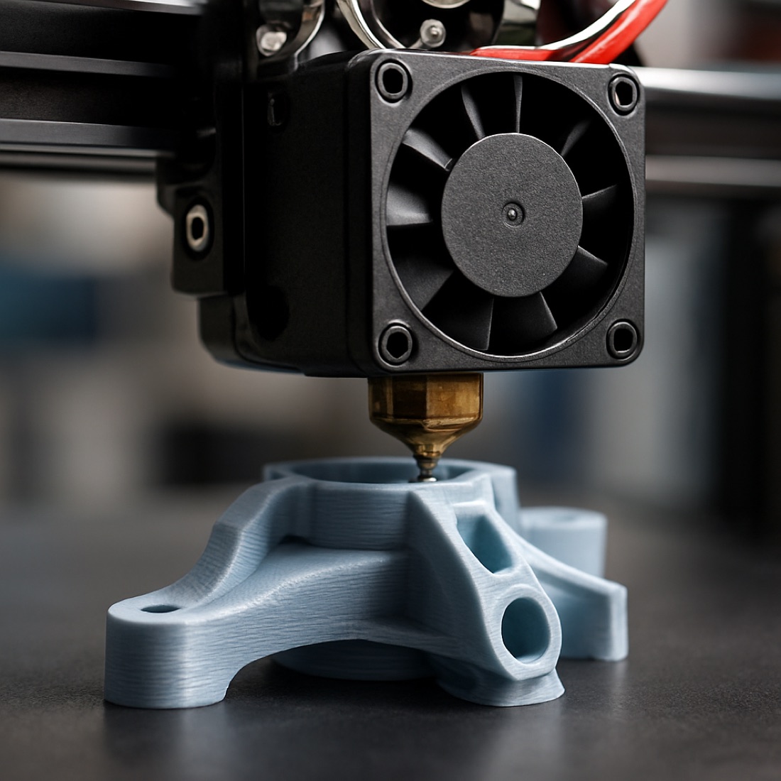 Close-up of an FDM printer hotend laying down a prototype part