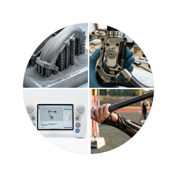 A montage of 4D Foundry work: a titanium manifold print, a machined metal assembly, a robotics controller, and a 3D-printed lattice arm support